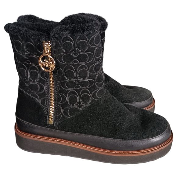 Coach Boots 7 Womens Black Signature Isa Suede Snow Flat Round Toe Low Comfort - Picture 1 of 12